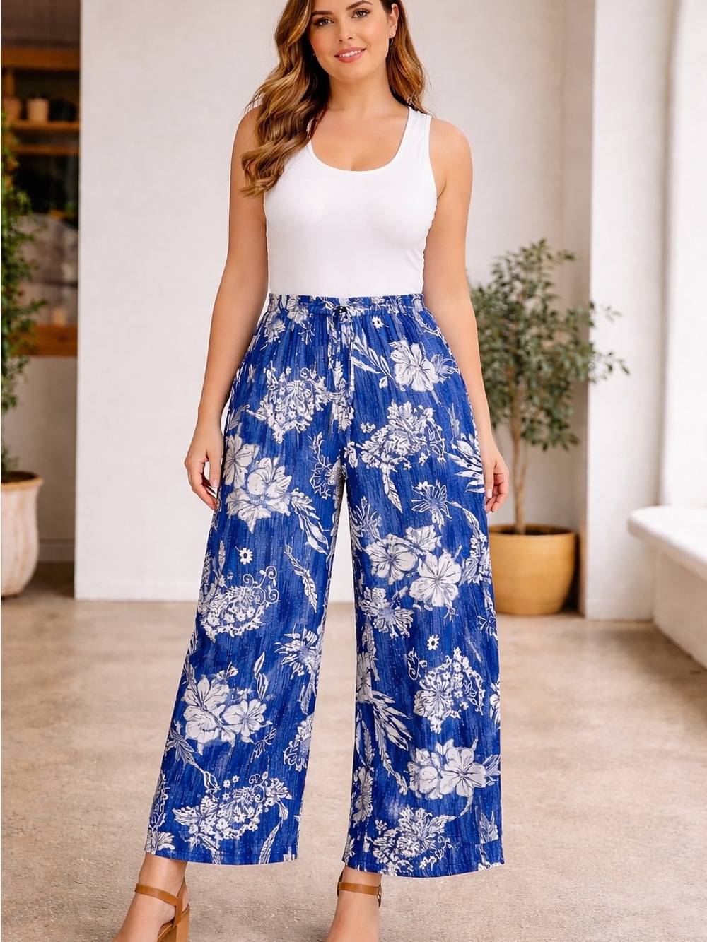 Mlle Gabrielle Blue Floral Wide-Leg Pants